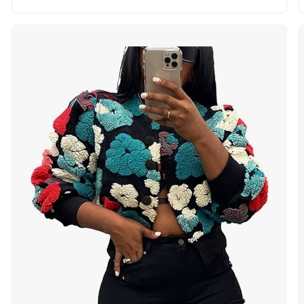Women's Cropped Floral Print Long Sleeve Fleece Warm Bomber Jacket Button